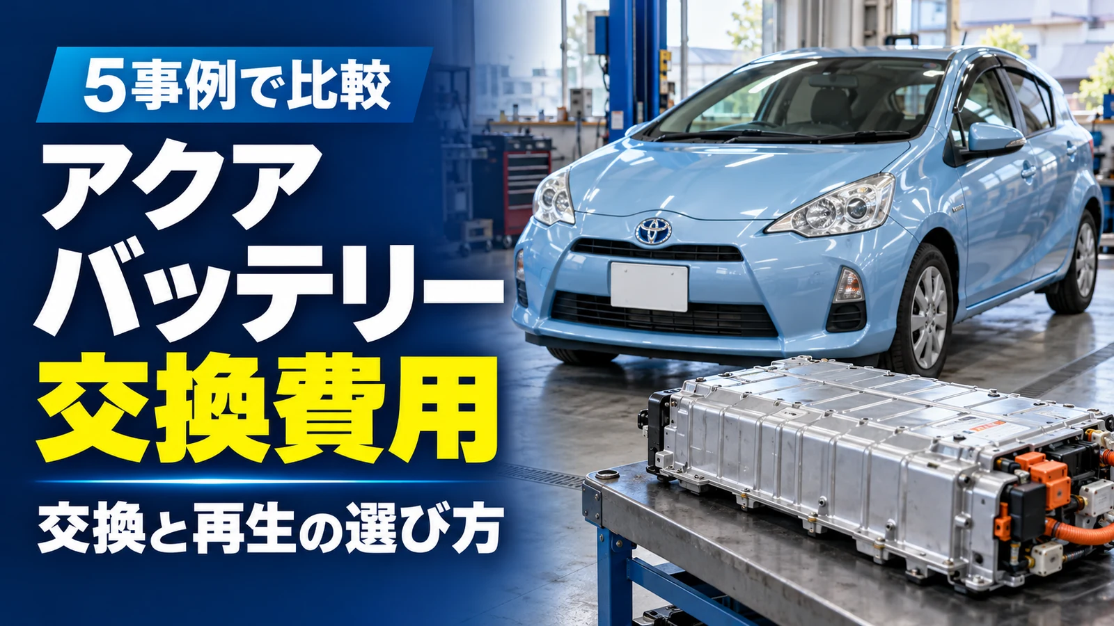 アクアと駆動用バッテリーを写真調で表現し、「アクア バッテリー交換費用」「5事例で比較」と大きく記したTOP画像