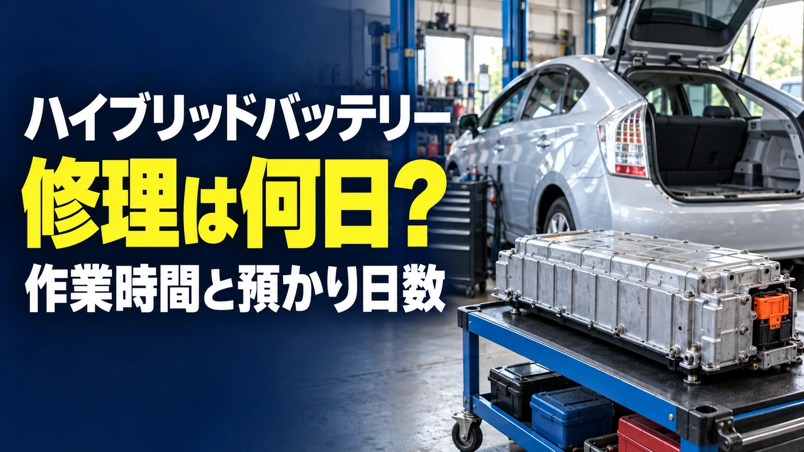 整備工場のハイブリッド車と駆動用バッテリーに「修理は何日? 作業時間と預かり日数」と記したTOP画像