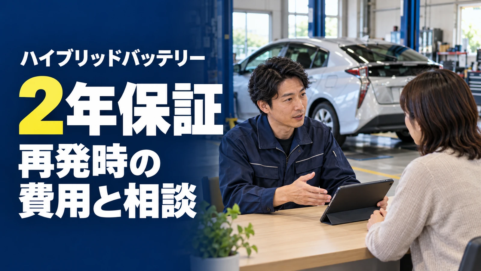 ハイブリッドバッテリーの2年保証と再発時の費用について整備担当者へ相談する場面(AI生成のイメージ画像)